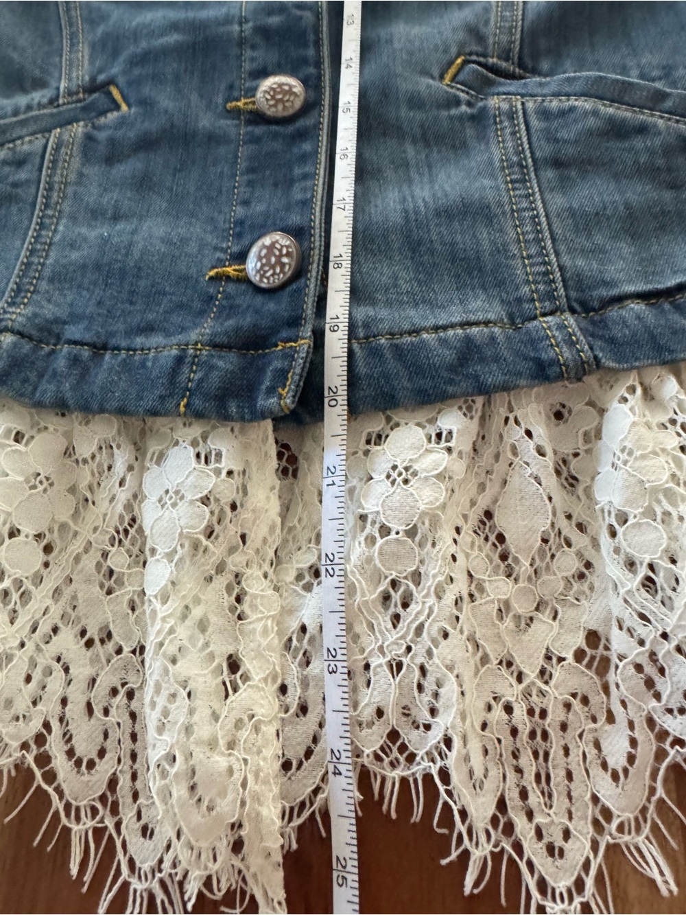 CAbi Dark Blue Denim Jacket with Contrast Stitching Lace Hem Removable - Picture 7 of 9